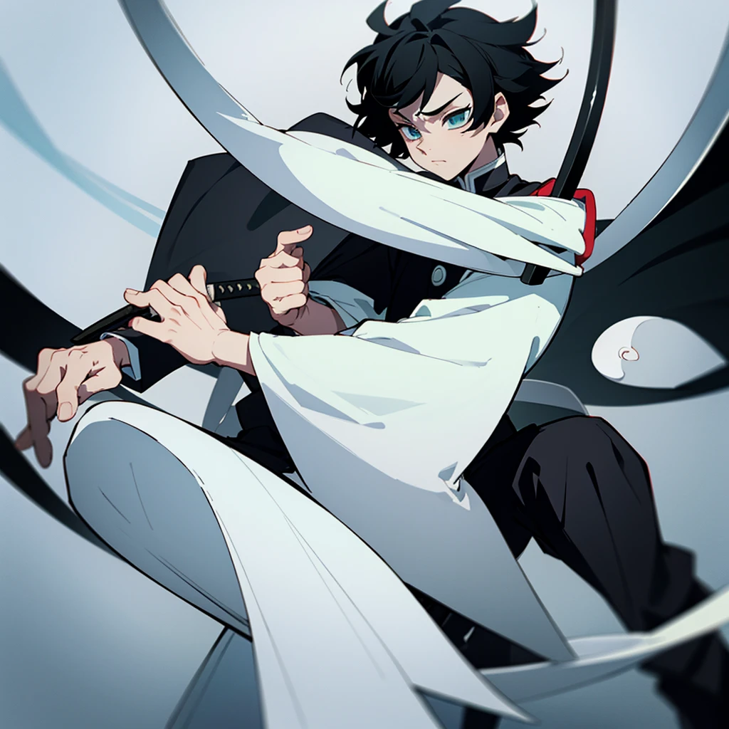fifteen year old male, Uniform demon slayer, ying yang sword, Beautiful visual quality, Short hair, White and black color theme