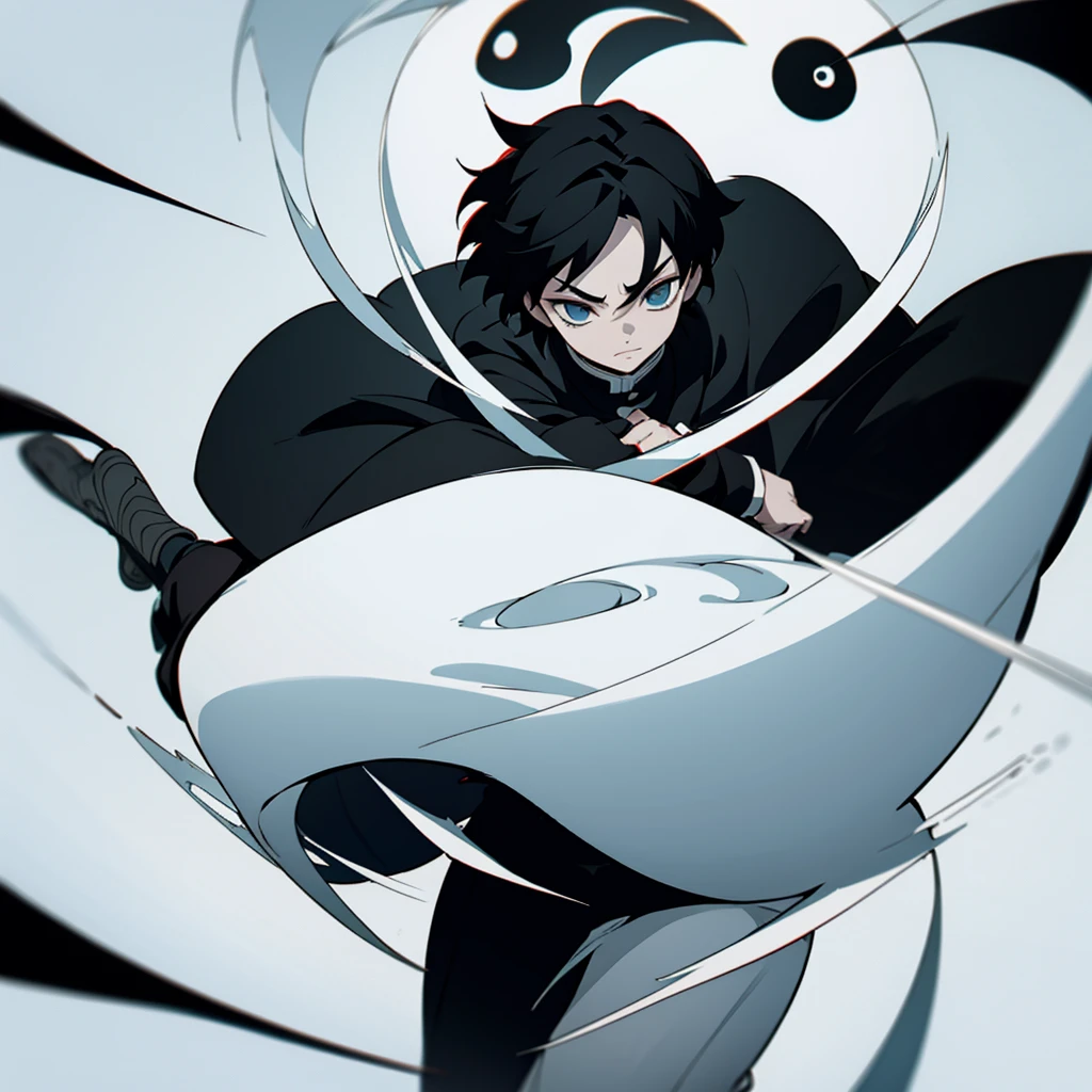 male, Uniform demon slayer, ying yang sword, Beautiful visual quality, Short hair, White and black color theme