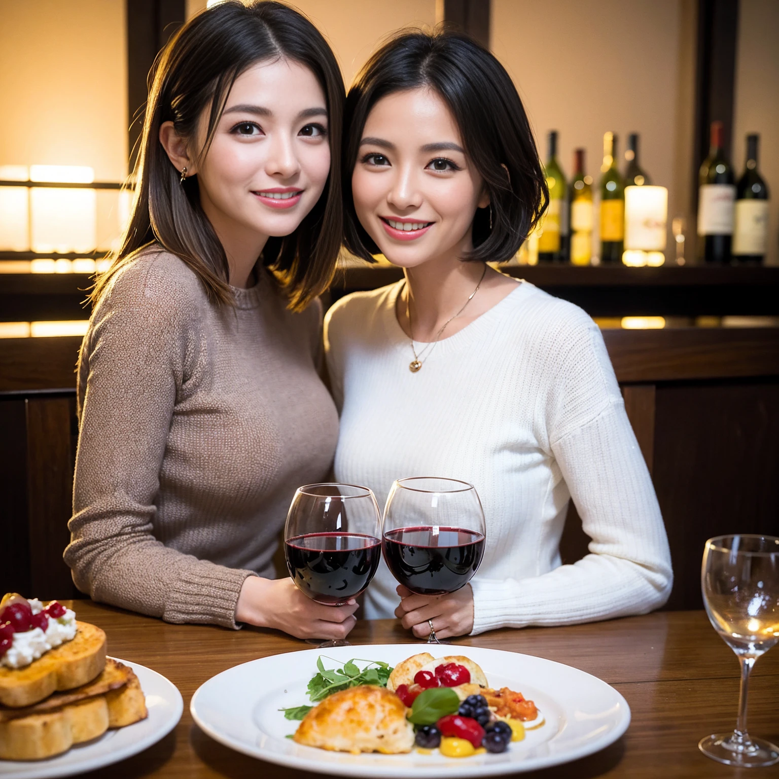 ((Highest quality、8K、masterpiece:1.3))、 (Ultra-realistic、 Genuine、Bright image、Intricate details:1.2), 最高のsmile、1 male 1 female、Wine Party、Beautiful couple、Love Love Love、Tokyo Lovers、Beautiful friends、actress couple、smile、Full-course dinner at a packed table、 (Slim face), (the body is slim), (Brown Hair), (short hair), テーブルのwine glass、Please shine a light on my face、 Amazing view of the sunset sky and clouds、42 years old 39 years old, red wine 、Appetizers、Wine bottle、sparkling wine、Long sleeve shirt、dress、White wine, red wine, wine glass, 