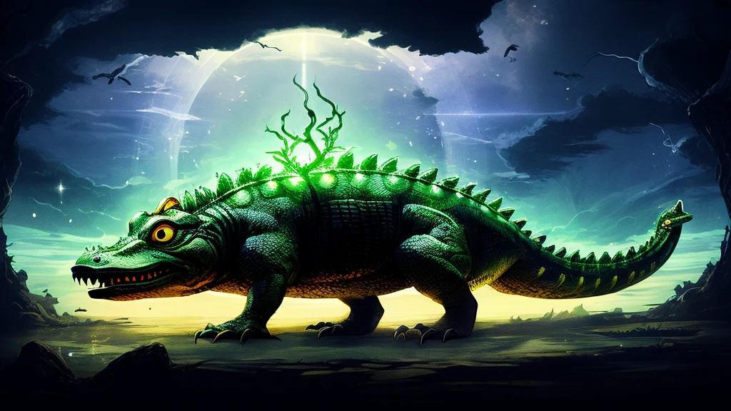 Anthropomorphic crocodile，sacred，There is a halo behind it。Spirits