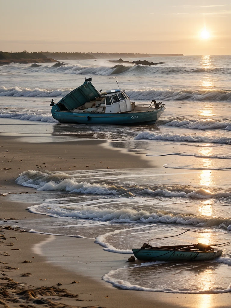 Sunrise on beach with waves on sea and forest behind, seagulls in air, small birds on sand, boat on water