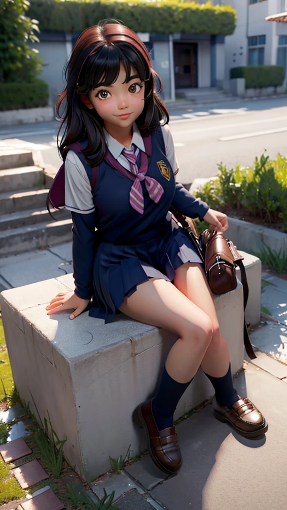1 girl,((schoolar uniform)), blush,drlight smile, sitting down,plein-air,