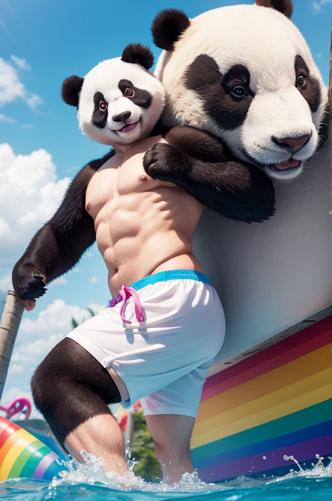 Panda in swim trunks slipping on a rainbow 
