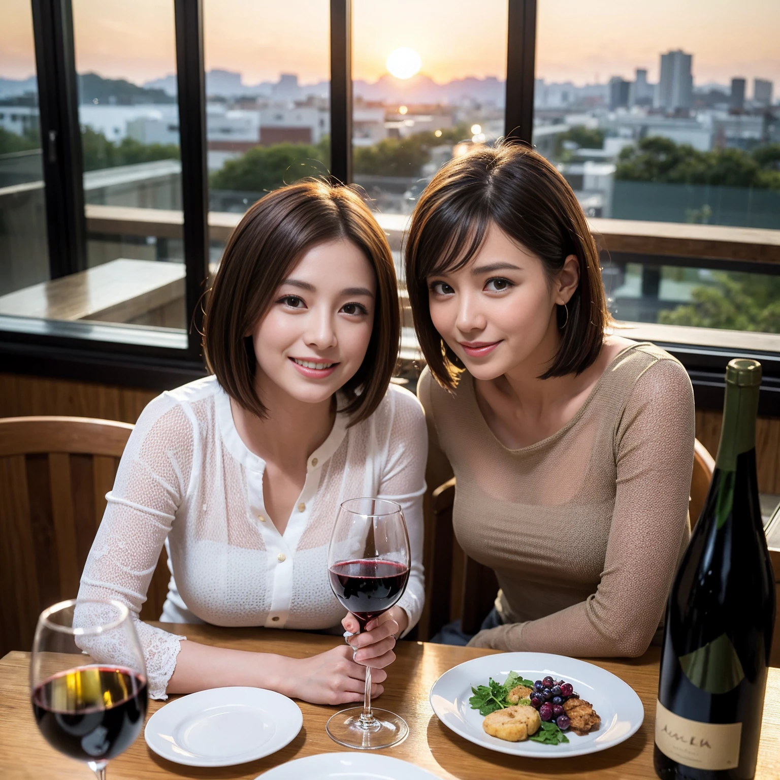 ((Highest quality、8K、masterpiece:1.3))、 (Ultra-realistic、 Genuine、Bright image、Intricate details:1.2), 最高のsmile、1 male、1 female、Beautiful couple、love love love、Lovers in Osaka、Good friends、actress couple、smile、Full-course dinner at a packed table、 (Slim face), (the body is slim), (Brown Hair), (short hair), テーブルのwine glass、Please shine a light on my face、 Amazing view of the sunset sky and clouds、36 years old 39 years old, red wine 、Wine bottle、sparkling wine、Long sleeve shirt、dress、White wine, red wine, wine glass,