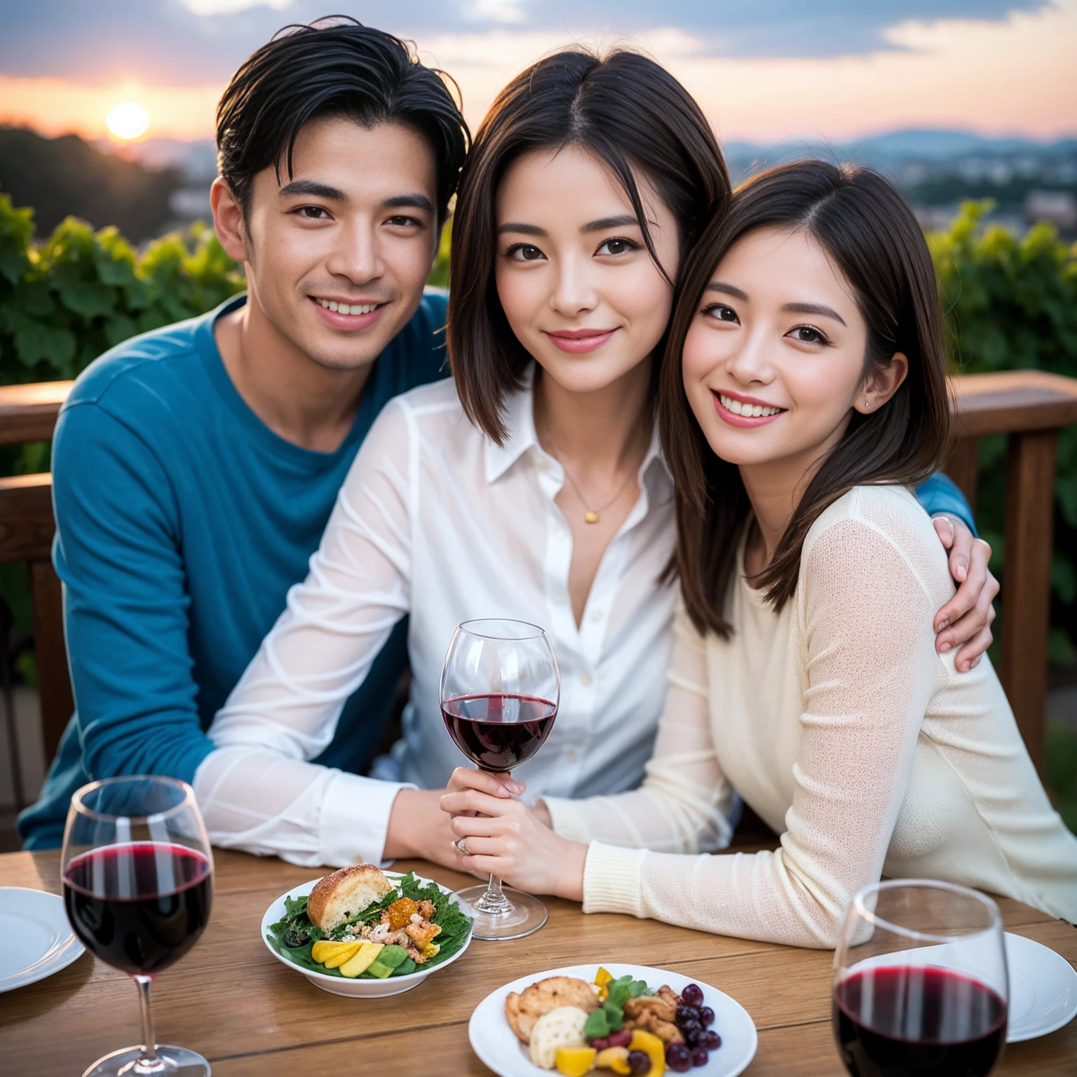 ((Highest quality、8K、masterpiece:1.3))、 (Ultra-realistic、 Genuine、Bright image、Intricate details:1.2), 最高のsmile、1 male、1 female、Beautiful couple、love love love、Lovers in Osaka、Good friends、actress couple、smile、Full-course dinner at a packed table、 (Slim face), (the body is slim), (Brown Hair), (short hair), テーブルのwine glass、Please shine a light on my face、 Amazing view of the sunset sky and clouds、36 years old 39 years old, red wine 、Wine bottle、sparkling wine、Long sleeve shirt、dress、White wine, red wine, wine glass,