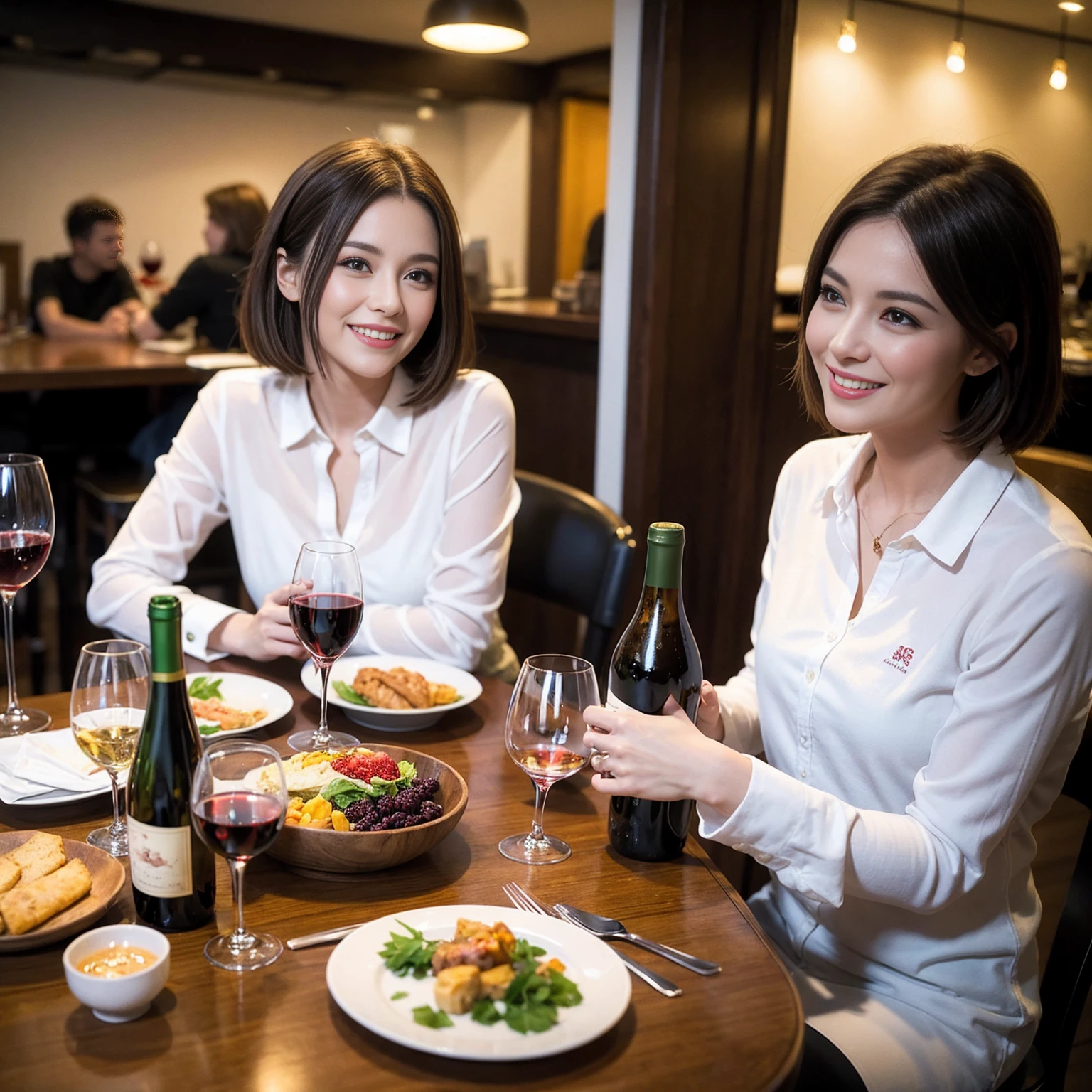 ((Highest quality、8K、masterpiece:1.3))、 (Ultra-realistic、 Genuine、Bright image、Intricate details:1.2), 最高のsmile、1 male、1 female、Beautiful couple、love love love、Lovers in Osaka、Good friends、actress couple、smile、Full-course dinner at a packed table、 (Slim face), (the body is slim), (Brown Hair), (short hair), テーブルのwine glass、Please shine a light on my face、 Amazing view of the sunset sky and clouds、36 years old 39 years old, red wine 、Wine bottle、sparkling wine、Long sleeve shirt、dress、White wine, red wine, wine glass,