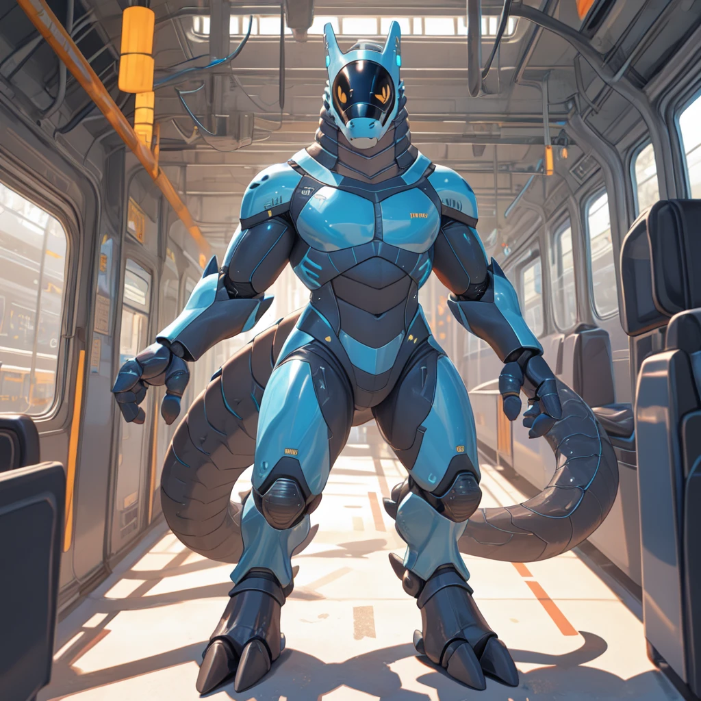 (synth \(vader-san\):1.1), synthbod, full-length portrait, front view, standing, smile, in train, train, (glistening body:1.1), blue body, (blue body:1.1), orange eyes, metallic body, reflective body, 4 fingers, best quality, good quality