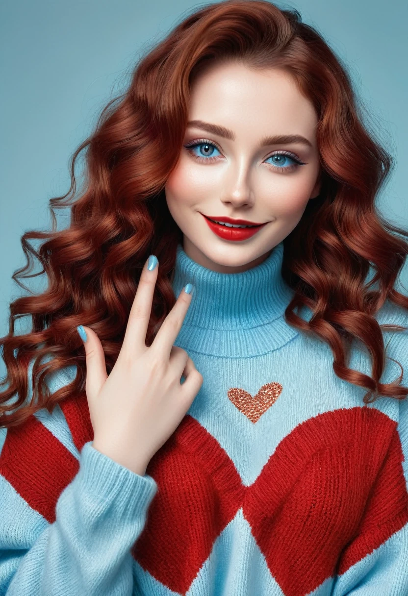 A stunningly realistic portrait of a 20-year-old woman with wavy, reddish hair, who is capturing everyone's attention with her seductive gaze and a flirtatious smile. She is forming a heart with her fingers, expressing love and gratitude. Her eyes are light blue, beautifully accentuated by crimson red makeup, and her face is in perfect harmony with the golden ratio. She is dressed in a low-cut sweater and light blue ripped camping jeans, adding a playful edge to her look. The background features a blend of illustration, painting, and 3D render techniques, creating a mesmerizing visual experience., illustration, photo, painting, 3d render, typography