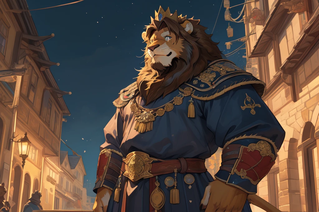 Male, solo, lion, (golden fur), blue eyes, (brown hair, short hair), (cheek scar, old scar), (detailed face, detailed eyes, detailed), king, mature male, olde male, muscular male, masterpiece, best quality,  standing, city, kimgdom, medieval king clothes, standing, hypermuscle, confident smile, crown