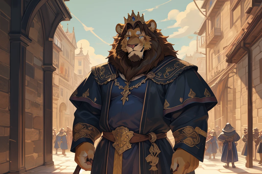 Male, solo, lion, (golden fur), blue eyes, (brown hair, short hair), (cheek scar, old scar), (detailed face, detailed eyes, detailed), king, mature male, olde male, muscular male, masterpiece, best quality,  standing, city, kimgdom, medieval king clothes, standing, hypermuscle, confident smile, crown