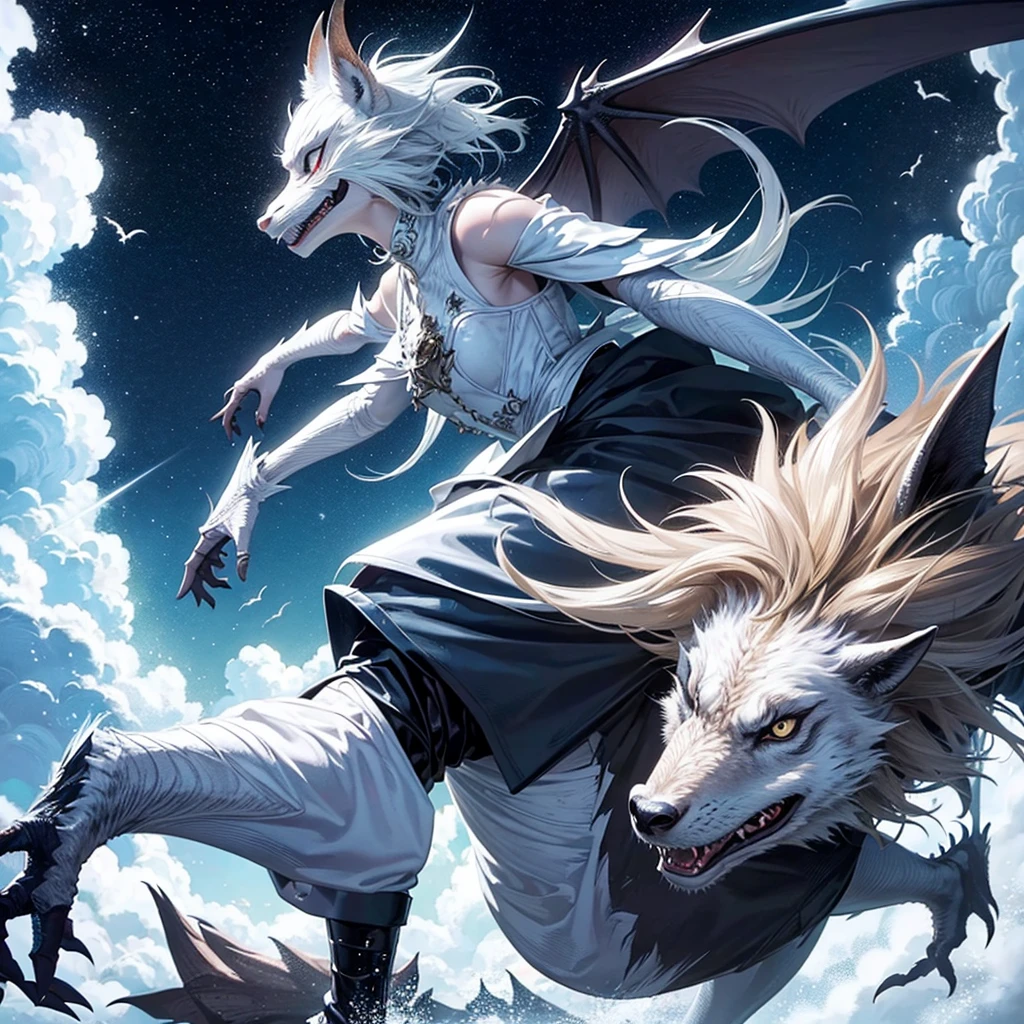 Dragon réaliste, se bat contre un loup blanc