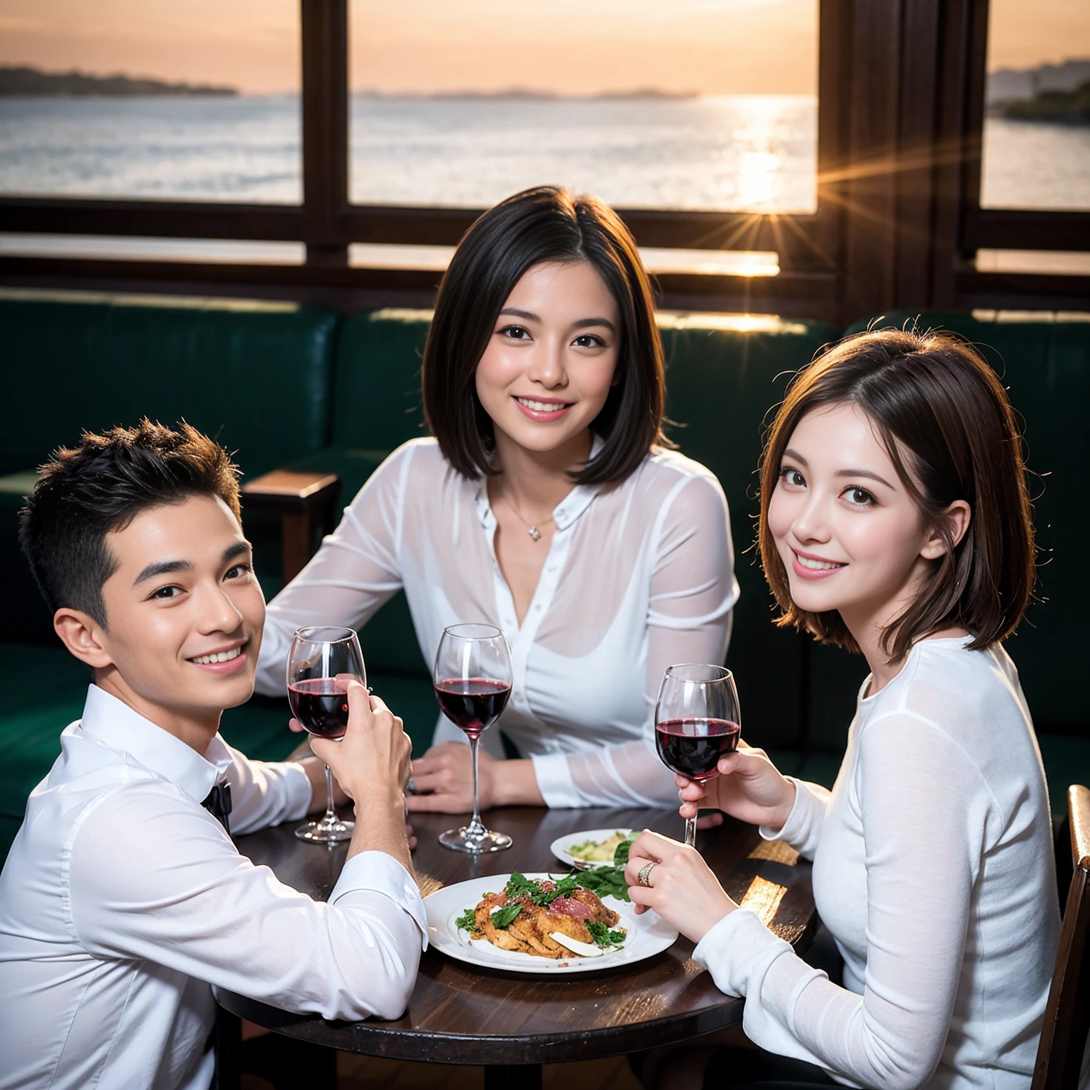((Highest quality、8K、masterpiece:1.3))、 (Ultra-realistic、 Genuine、Bright image、Intricate details:1.2), 最高のsmile、Wine Party、1 male、1 female、Beautiful couple、love love love、spouse、Female announcer、actress couple、smile、Full-course dinner at a packed table、 (Slim face), (the body is slim), (Brown Hair), (short hair), テーブルのwine glass、Please shine a light on my face、 Amazing view of the sunset sky and clouds、, red wine 、Appetizers、Wine bottle、sparkling wine、Long sleeve shirt、dress、White wine, red wine, wine glass,