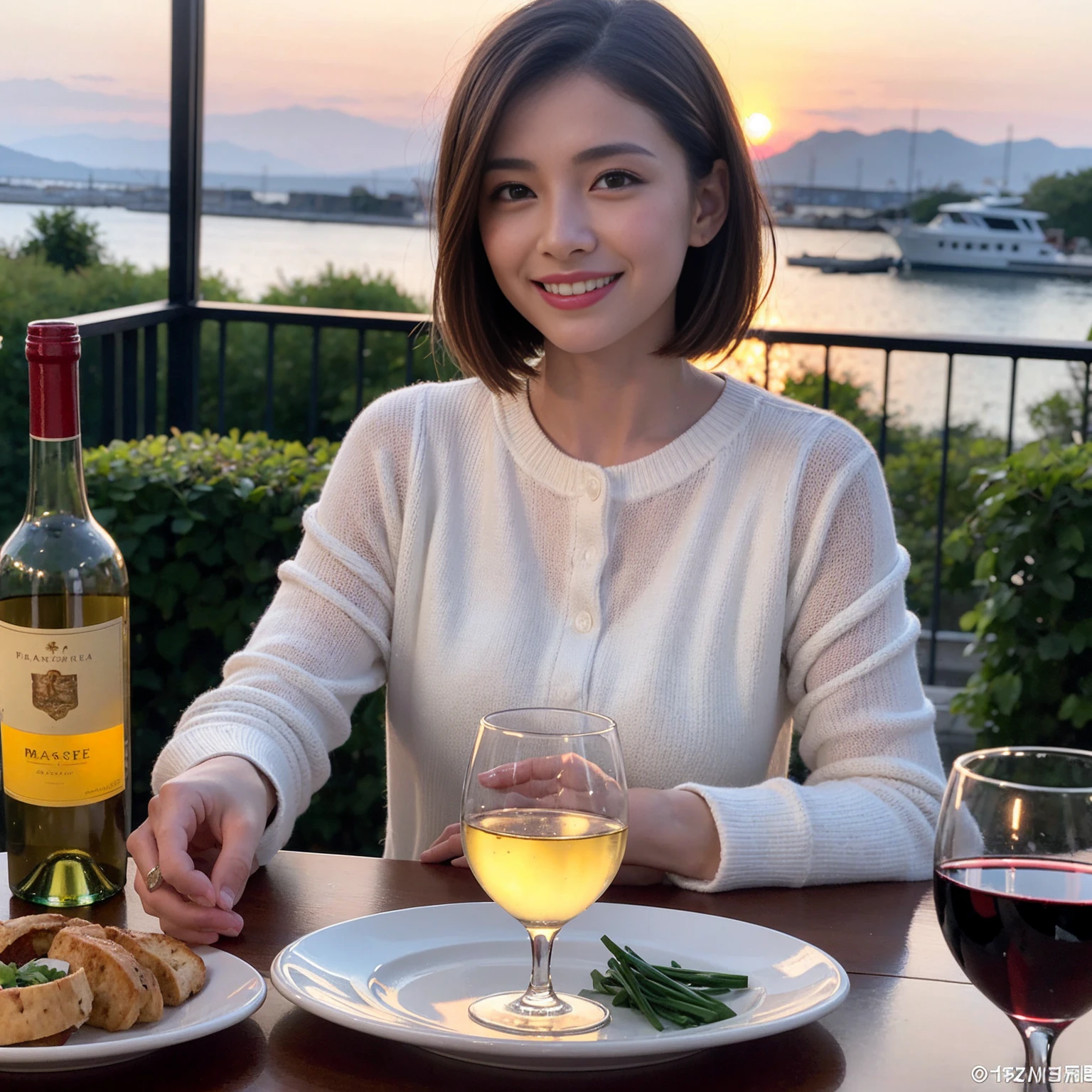 ((Highest quality、8K、masterpiece:1.3))、 (Ultra-realistic、 Genuine、Bright image、Intricate details:1.2), 最高のsmile、Wine Party、1 male、1 female、Beautiful couple、love love love、spouse、Female announcer、actress couple、smile、Full-course dinner at a packed table、 (Slim face), (the body is slim), (Brown Hair), (short hair), テーブルのwine glass、Please shine a light on my face、 Amazing view of the sunset sky and clouds、9 years old, red wine 、Appetizers、Wine bottle、sparkling wine、Long sleeve shirt、dress、White wine, red wine, wine glass,