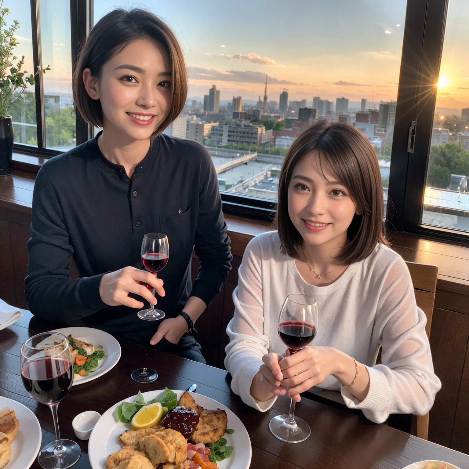 ((Highest quality、8K、masterpiece:1.3))、 (Ultra-realistic、 Genuine、Bright image、Intricate details:1.2), 最高のsmile、Wine Party、1 male、1 female、Beautiful couple、love love love、spouse、Female announcer、actress couple、smile、Full-course dinner at a packed table、 (Slim face), (the body is slim), (Brown Hair), (short hair), テーブルのwine glass、Please shine a light on my face、 Amazing view of the sunset sky and clouds、9 years old, red wine 、Appetizers、Wine bottle、sparkling wine、Long sleeve shirt、dress、White wine, red wine, wine glass, 