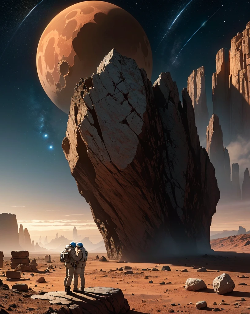 Create a painting of two astronauts standing back-to-back on Mars at night. The environment should be very rocky, with numerous stones and boulders scattered across the landscape. The Martian terrain is illuminated by the faint light of distant stars and the astronauts' headlamps. The sky is dark and filled with stars, with the reddish hue of Mars' surface contrasting against the cold, dark night. The astronauts should appear vigilant and alert, as if they are on guard, with their suits and equipment reflecting the dim light. Ensure the rocky terrain and scattered stones emphasize the rugged, desolate nature of Mars.