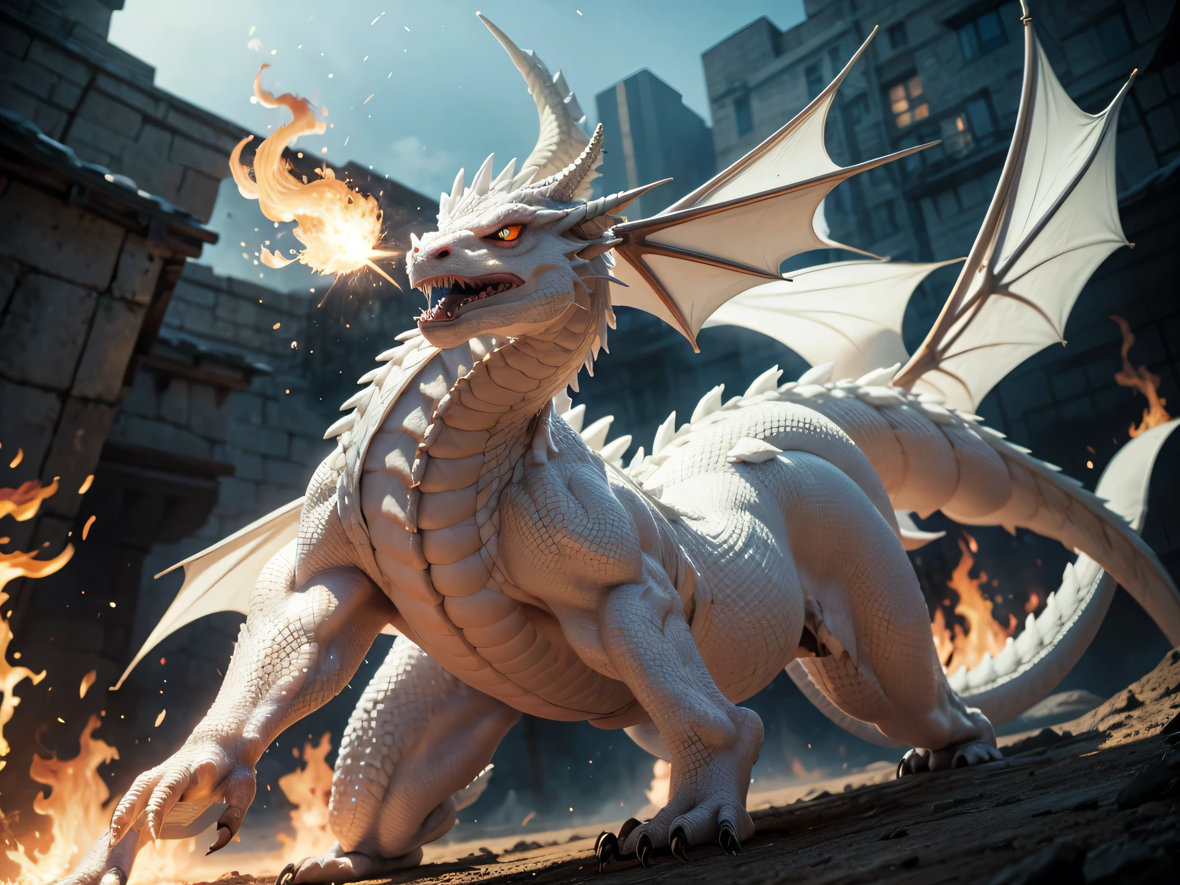 white dragon throwing fire