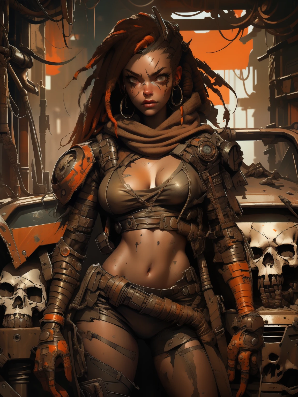 A highly detailed and realistic skull girl,( Anya. Taylor Joy) cyberpunk character, mad max furiosa, one hand robot, cyborg arm, orange hair, dramatic metal heavy rock theme, best quality, 8k, hyperrealistic, photorealistic, extreme detailed painting, studio lighting, vivid colors, dark moody atmosphere, cinematic, dramatic pose, intricate mechanical details, glowing energy effects, intense gritty textures, seamless integration of organic and inorganic elements. Wearing the used clothes of a wastelander. Background: An apocalyptic wasteland. Dusty and depressing.