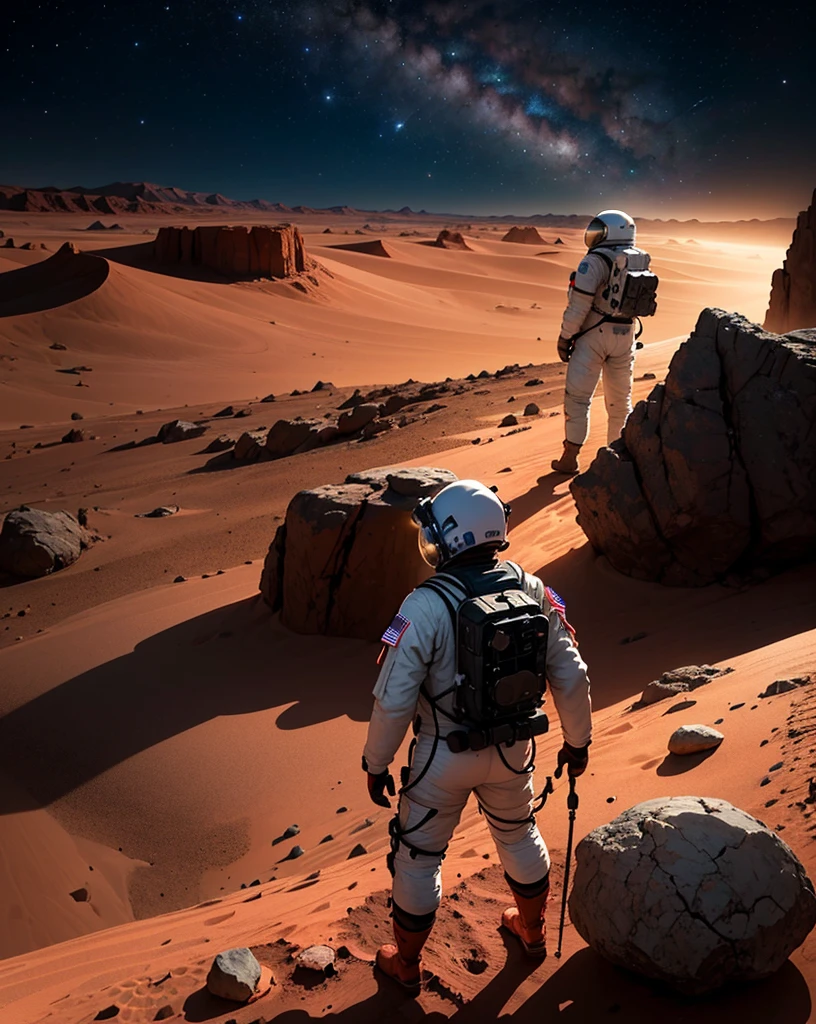 Create a painting of two astronauts standing back-to-back on Mars at night. The environment should be very rocky, with numerous stones and boulders scattered across the landscape. The Martian terrain is illuminated by the faint light of distant stars and the astronauts' headlamps. The sky is dark and filled with stars, with the reddish hue of Mars' surface contrasting against the cold, dark night. The astronauts should appear vigilant and alert, as if they are on guard, with their suits and equipment reflecting the dim light. Ensure the rocky terrain and scattered stones emphasize the rugged, desolate nature of Mars.