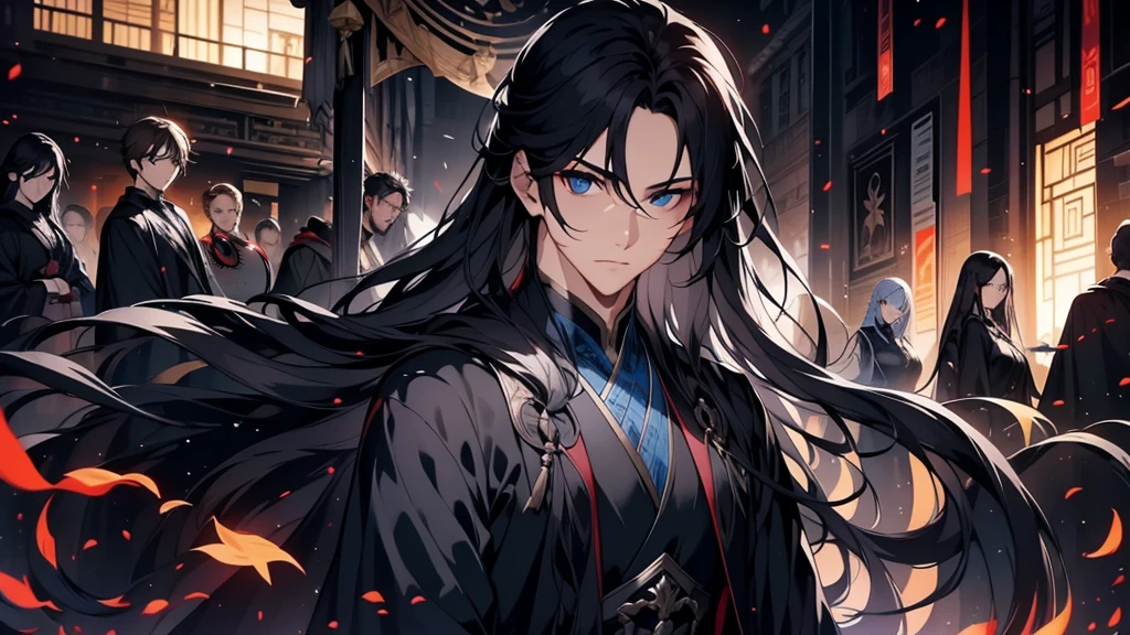 7 people,Correct proportions,Facial details,Black robe,Clothing details,transfer,Long sleeve,Game quality,,Ray Tracing,Ray Tracing,Delicate glow,CG Rendering,Hair details,Black long hair,blue eyes,Handsome,Handsome,(The feeling of youth),The costumes are complicated,Perfect composition,Refinement,high quality,More details,Lots of details,Complex background,Sense of atmosphere,
