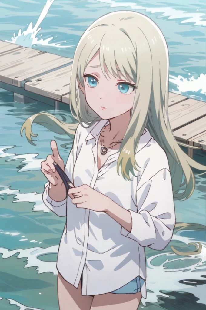 ((masterpiece)), (best quality), official art, pixel-perfect, detail-perfect,
1girl, lily someya, , white shirt, necklace, barefoot, ocean,
expressionless, cowboy shot,
day,