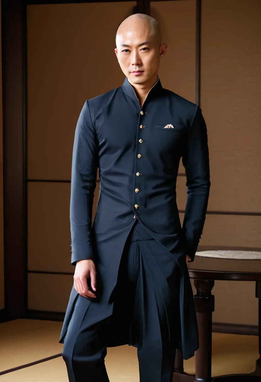 half body picture of a bald japanese model man, wearing an elegant western dress, pants, in an elegant room