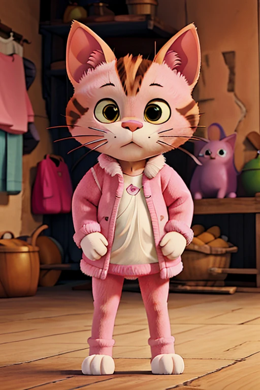 short haired feline with pink fur, round ears and human-like features