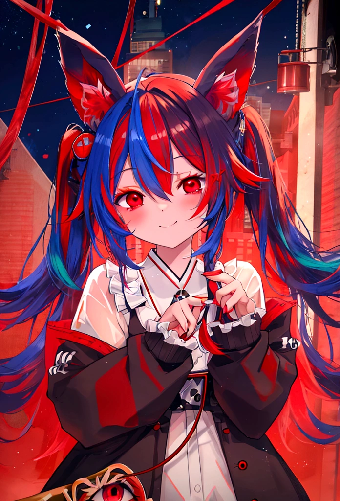 (8k、Best image quality、highest quality、masterpiece)、Detailed face、Single Blade、smile、blush、vapor、((close your eyes))、Shiny、Cowboy Shot、Night city background, pekora usada, animal ears, blue hair, braid, carrot hair ornament, food-themed hair ornament, hair ornament, multicolored hair, (red eyes:1.5), rabbit ears, twin braids, twintails, two-tone hair,