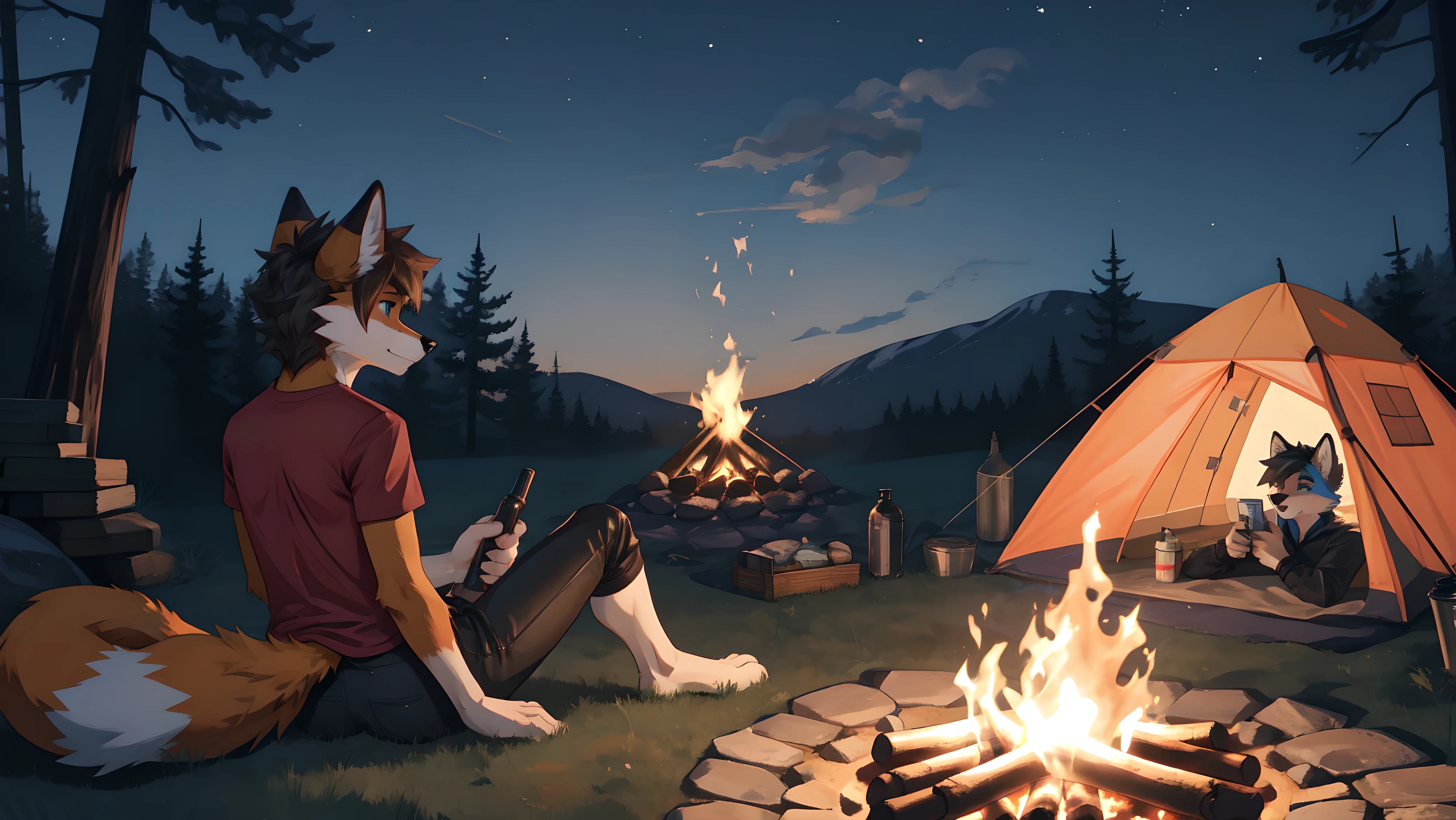 2 boys, Fox, femboy, girly, tight pants, tight t-shirt, butt, masturbation, canine penis, in the forest, campfire, tent on the background, night