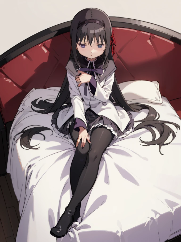 (best quality, masterpiece:1.2), ultra detailed, 1girl,  akemi homura, black hair, long hair, hair ribbon, small breasts, 
looking at viewer, simple background,
long boots, high heel, magic girl, pantyhose, 
sitting on bed, hair spread out,