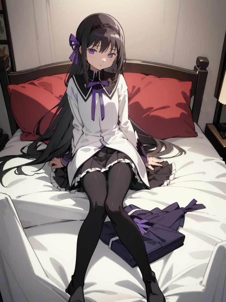 (best quality, masterpiece:1.2), ultra detailed, 1girl,  akemi homura, black hair, long hair, hair ribbon, small breasts, 
looking at viewer, simple background,
long boots, high heel, magic girl, pantyhose, 
sitting on bed, hair spread out,