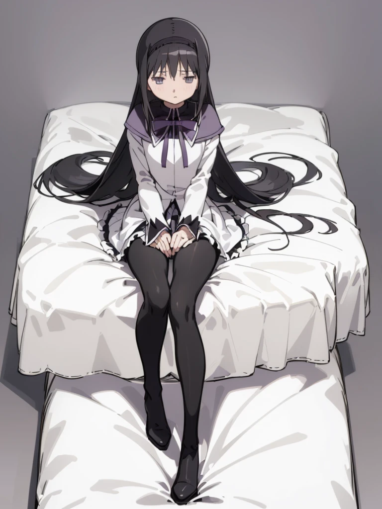 (best quality, masterpiece:1.2), ultra detailed, 1girl,  akemi homura, black hair, long hair, hair ribbon, small breasts, 
looking at viewer, simple background,
long boots, high heel, magic girl, pantyhose, 
sitting on bed, hair spread out,