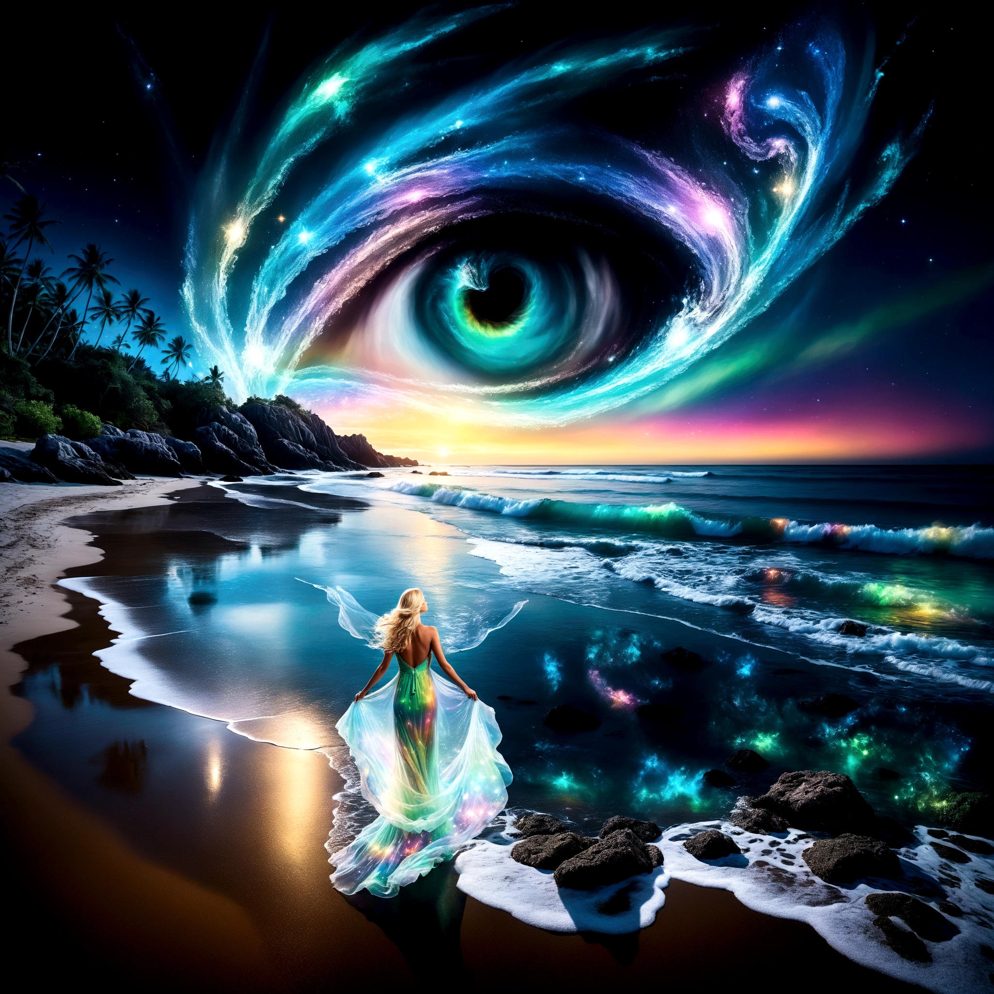 a blonde woman with long flowing hair stands on a sandy beach. She wears a transparent, flowing dress that appears to be made of swirling, glowing ethereal patterns, reminiscent of the northern lights. Her face is turned skyward, as if contemplating the wonders of the universe. her dress floats around her like a cloud. The water near the woman should be very transparent, revealing bioluminescent glowing algae and marine fauna. Behind the woman, the beach stretches towards the horizon. The sea is crystal-clear and blue. Soft, bioluminescent light-green glowing waves break on the shore, creating a soothing rhythm. The night sky is filled with twinkling stars, Rich color and detail, (Rainbow-colored: 1.2), A majestic galaxy swirls over the beach, forming a giant, detailed eye in the sky. The eye's vibrant colors reflect beautifully on the crystal-clear, bioluminescent water below. Shine, Atmospheric lighting . The overall mood of the photo is dark, ethereal and haunting. The bioluminescent light of the sea creates a magical, fairytale atmosphere, while the twinkling stars and swirling galaxy add a sense of mystery and wonder.The woman standing on the beach seems to be in communion with nature and the universe, adding a touch of serenity to the scene. The overall style of the photo is fantastic or supernatural. Vivid colors, flowing forms and intricate details create a captivating, imaginary world. masterpiece, best quality, Professional, perfect composition, very aesthetic,