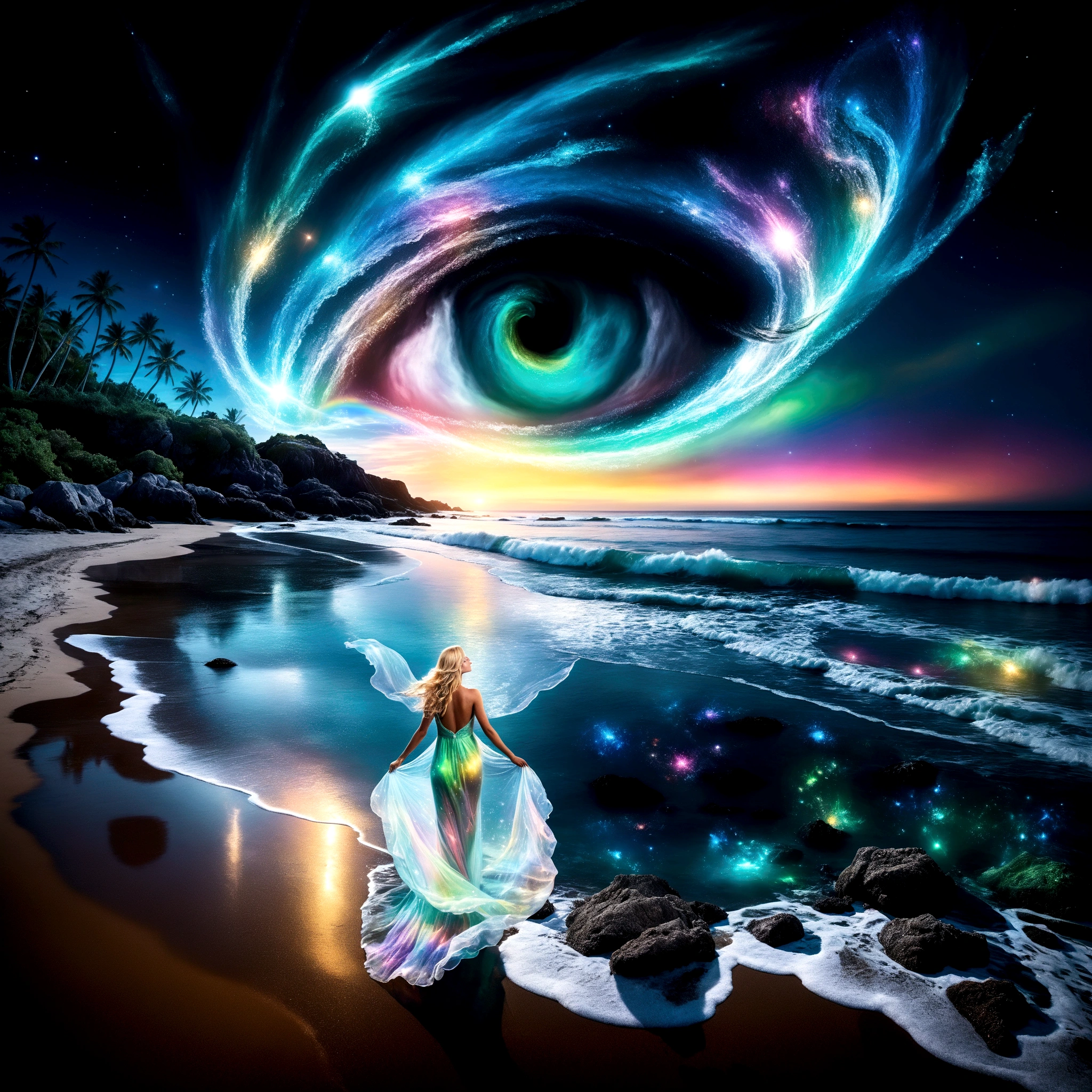 a blonde woman with long flowing hair stands on a sandy beach. She wears a transparent, flowing dress that appears to be made of swirling, glowing ethereal patterns, reminiscent of the northern lights. Her face is turned skyward, as if contemplating the wonders of the universe. her dress floats around her like a cloud. The water near the woman should be very transparent, revealing bioluminescent glowing algae and marine fauna. Behind the woman, the beach stretches towards the horizon. The sea is crystal-clear and blue. Soft, bioluminescent light-green glowing waves break on the shore, creating a soothing rhythm. The night sky is filled with twinkling stars, Rich color and detail, (Rainbow-colored: 1.2), A majestic galaxy swirls over the beach, forming a giant, detailed eye in the sky. The eye's vibrant colors reflect beautifully on the crystal-clear, bioluminescent water below. Shine, Atmospheric lighting . The overall mood of the photo is dark, ethereal and haunting. The bioluminescent light of the sea creates a magical, fairytale atmosphere, while the twinkling stars and swirling galaxy add a sense of mystery and wonder.The woman standing on the beach seems to be in communion with nature and the universe, adding a touch of serenity to the scene. The overall style of the photo is fantastic or supernatural. Vivid colors, flowing forms and intricate details create a captivating, imaginary world. masterpiece, best quality, Professional, perfect composition, very aesthetic,