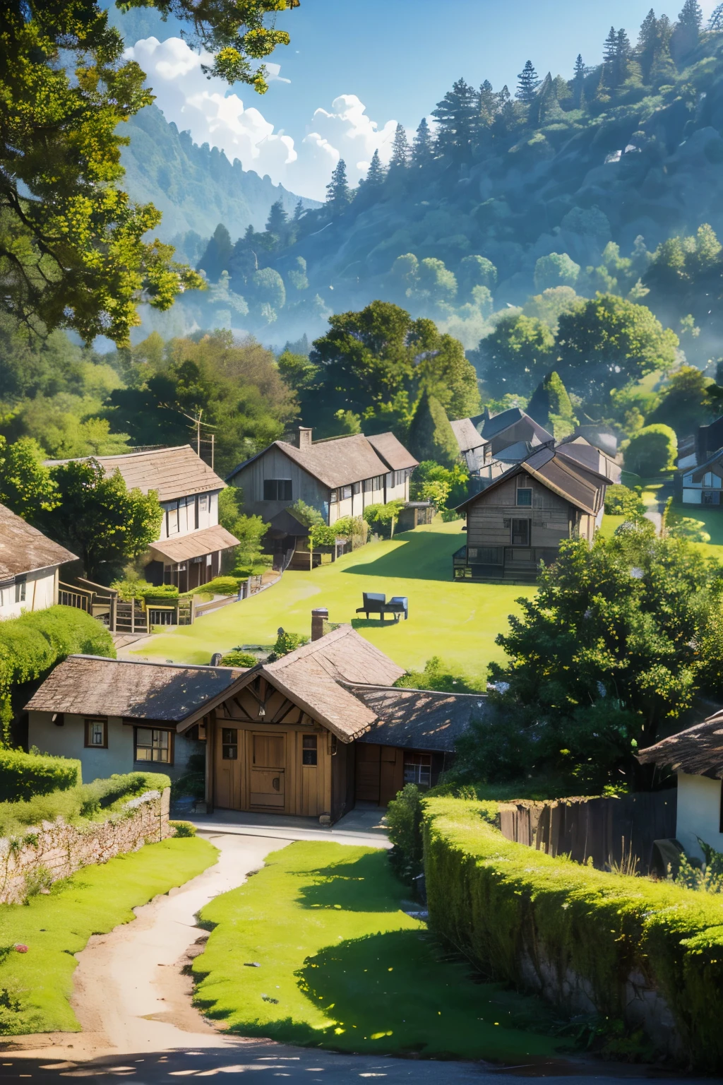Masterpiece, top-quality creation in an 8K, Pixar-style, full HD image unfolds the enchanting village of Ardenwood, nestled within a verdant valley. Towering ancient oaks, their branches swaying gently in the breeze, grace the landscape along with babbling brooks that meander through the picturesque setting. Quaint houses with thatched rooftops dot the landscape, giving a rustic charm to the village. The serene and idyllic ambiance of the village is captured from a high-angle, bird's-eye view, offering a breathtaking panorama of the entire village. Every detail, from the leaves on the trees to the t