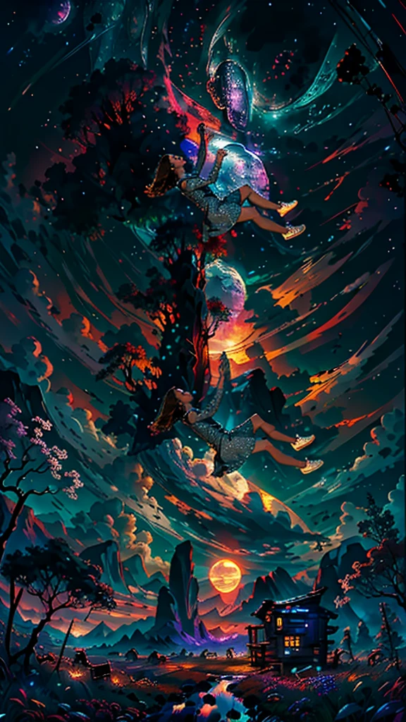 expansive landscape photograph , (a view from below that shows sky above and open field below), a girl standing on flower field looking up, (full moon:1.2), ( shooting stars:0.9), (nebula:1.3), distant mountain, tree BREAK
production art, (warm light source:1.2), (Firefly:1.2), lamp, lot of purple and orange, intricate details, volumetric lighting BREAK
(masterpiece:1.2), (best quality), 4k, ultra-detailed, (dynamic composition:1.4), highly detailed, colorful details,( iridescent colors:1.2), (glowing lighting, atmospheric lighting), dreamy, magical, (solo:1.2)