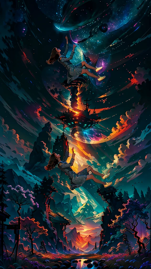 expansive landscape photograph , (a view from below that shows sky above and open field below), a girl standing on flower field looking up, (full moon:1.2), ( shooting stars:0.9), (nebula:1.3), distant mountain, tree BREAK
production art, (warm light source:1.2), (Firefly:1.2), lamp, lot of purple and orange, intricate details, volumetric lighting BREAK
(masterpiece:1.2), (best quality), 4k, ultra-detailed, (dynamic composition:1.4), highly detailed, colorful details,( iridescent colors:1.2), (glowing lighting, atmospheric lighting), dreamy, magical, (solo:1.2)