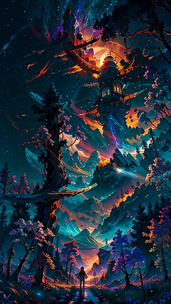 expansive landscape photograph , (a view from below that shows sky above and open field below), a girl standing on flower field looking up, (full moon:1.2), ( shooting stars:0.9), (nebula:1.3), distant mountain, tree BREAK
production art, (warm light source:1.2), (Firefly:1.2), lamp, lot of purple and orange, intricate details, volumetric lighting BREAK
(masterpiece:1.2), (best quality), 4k, ultra-detailed, (dynamic composition:1.4), highly detailed, colorful details,( iridescent colors:1.2), (glowing lighting, atmospheric lighting), dreamy, magical, (solo:1.2)