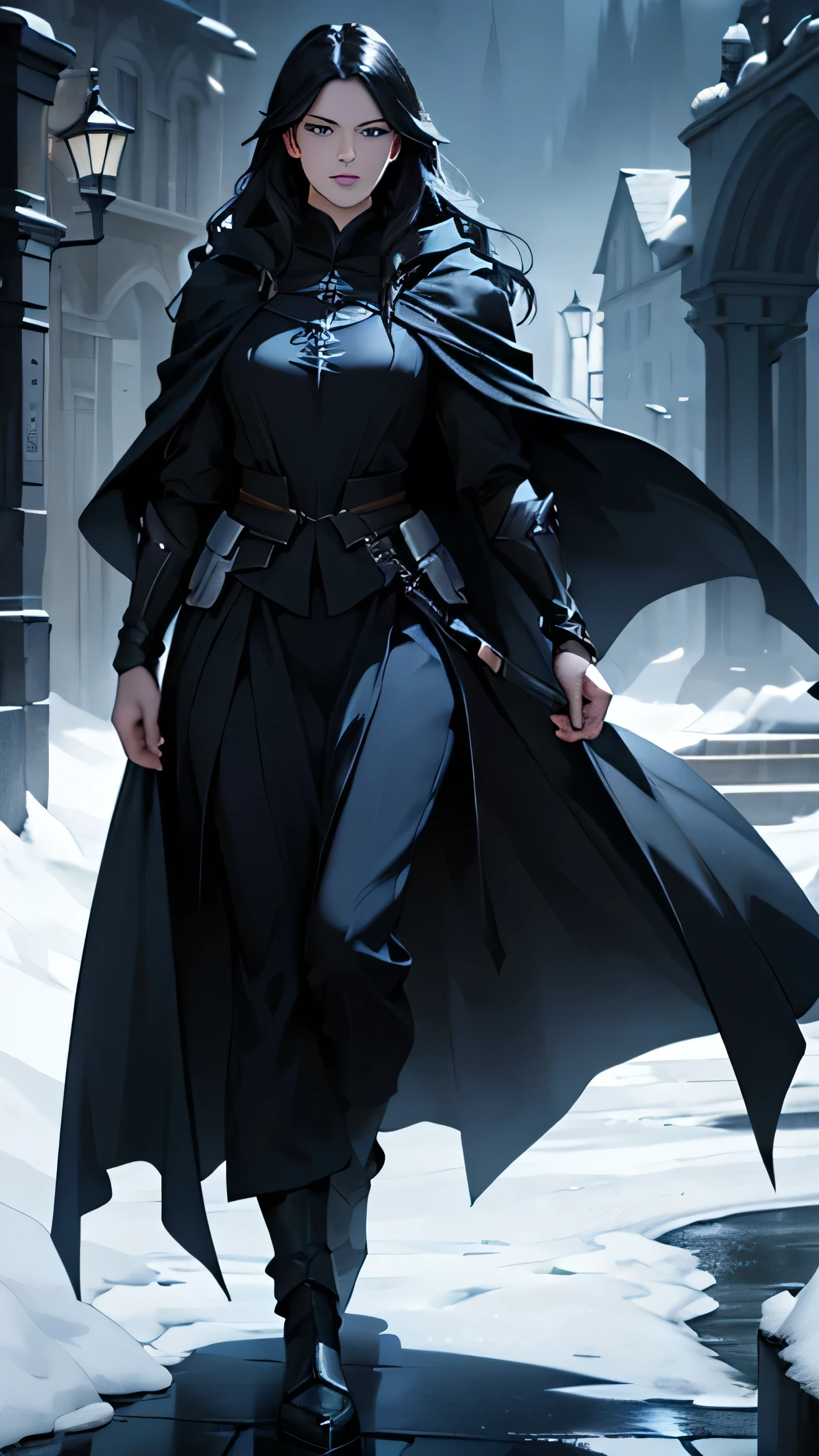 a beautiful woman with long dark hair, detailed facial features, striking blue eyes, full lips, pale skin, wearing a full black cloak, looking directly at the camera, full body, serious expression, dark, cinematic lighting, hyper realistic, 8k, photorealistic, masterpiece