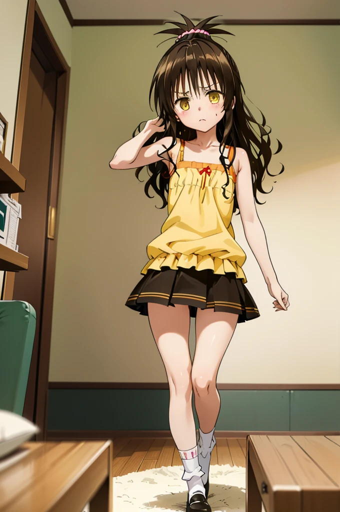 (best quality:1.1), (masterpiece:1.4), (absurdres:1.0),
1girl, yuuki mikan, brown hair, yellow eyes, hair ornaments, long hair, topknot, wavy hair, small breasts, , looking at viewer, , indoors, angry,,miniskirt,socks