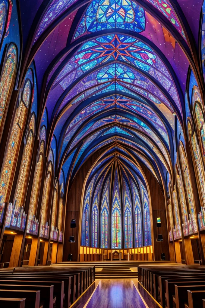 Futuristic church made of colored glass and wood with extravagant shape
