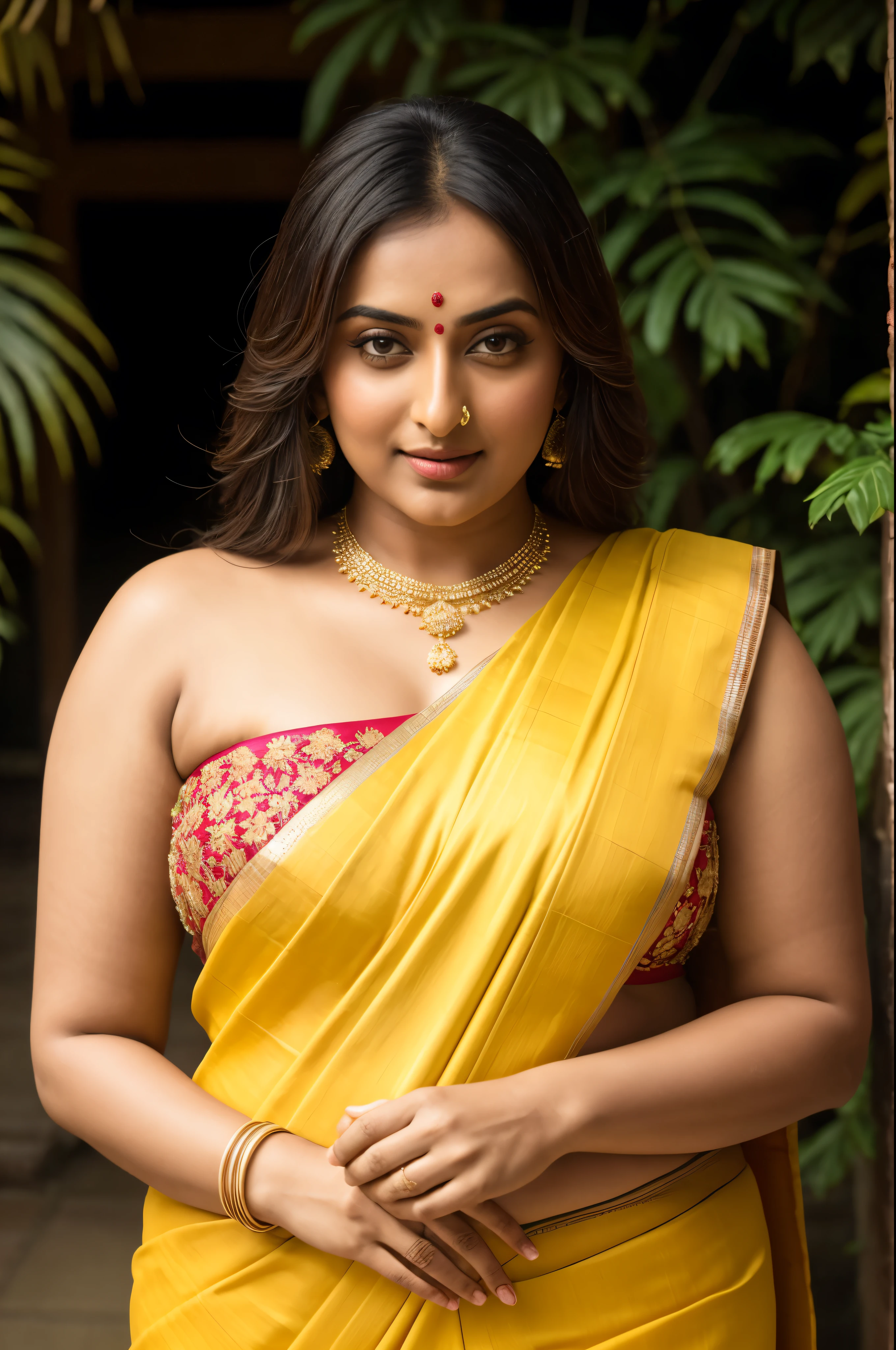 Foto RAW, photorealistic, photography, full body shot, master shot, perfect eyes, goddess like beauty, pierced eyes, perfect thick chubby mallu Desi aunty bhabhi, Wearing a Stanapatta, a chest-band.Saree model, model Photography, Indian saree shoot, Indian traditional wear advertising photography, traditional wear brand shoot, face of Indian actress Sonakshi Sinha, masterpiece, realistic, realism, incredible details,  pleasure, photorealism, detailed skin, skin pores, high contrast, photorealistic Artstation 8k HD digital art trend of high definition and detailed realistic skin texture, ultra detail, realistic skin texture, armature, best quality, ultra high definition, (photorealistic:1.4),, high resolution, detail, raw photo, sweat, Re sharp, by Lee Jefferies Nikon D850 Film Stock Photo 4 Kodak Portra 400 Camera F1.6 Lens Rich Color Ultra Real Realistic Realistic Textures Dramatic Lighting Unreal Engine Trending at Art Station Cinestill 800,(pele altamente detalhada: 1.2), 8k UHD, DSLR, soft-lighting, alta qualidade, grain of film, Fujifilm XT3,she didn't like to wear blouse or bra, she is happy to wear only saree, she hates blouse or bra, detailed hairy armpits, hyper realistic skin, skin pores, sweat, veins, 