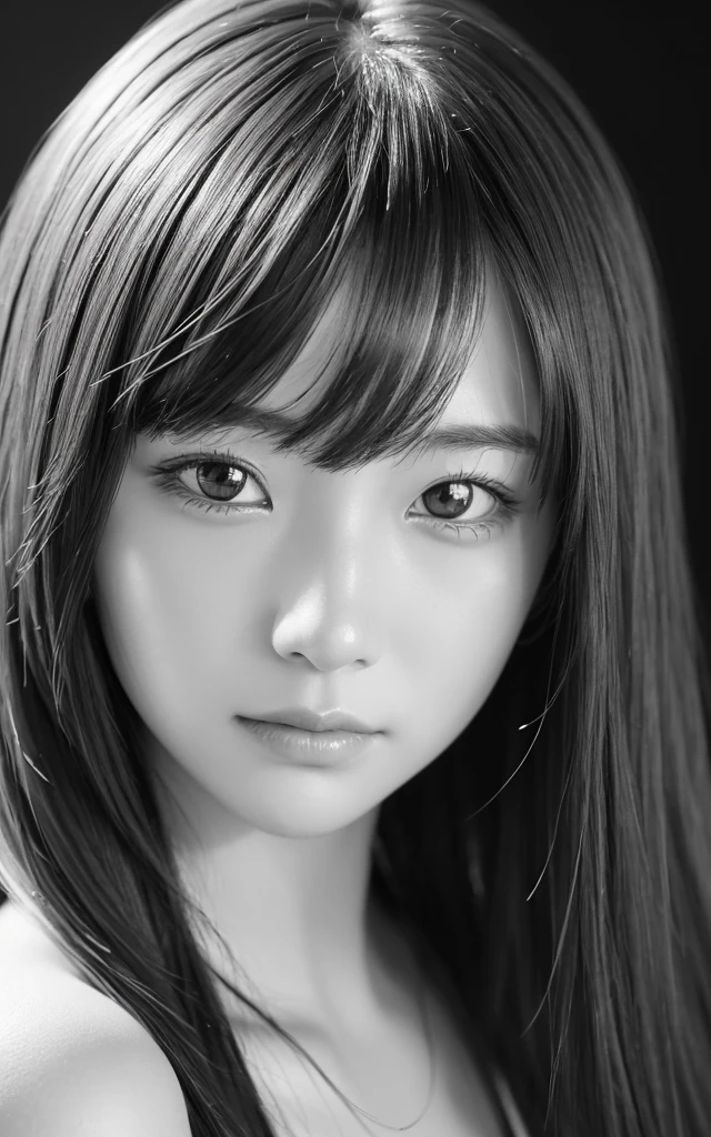 ((Hyper-realistic portraits))、(Draw in detail with a pencil)、(Black and White)、Beautiful Japanese Women、Face Focus、Shiny Hair、18-year-old、