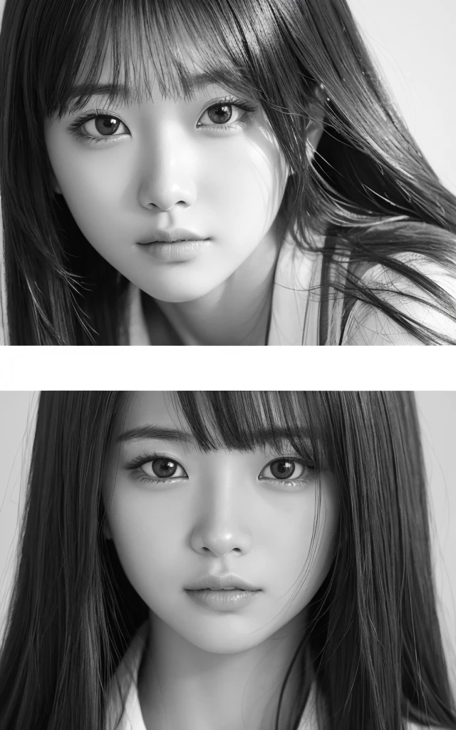 ((Hyper-realistic portraits))、(Draw in detail with a pencil)、(Black and White)、Beautiful Japanese Women、Face Focus、Shiny Hair、18-year-old、