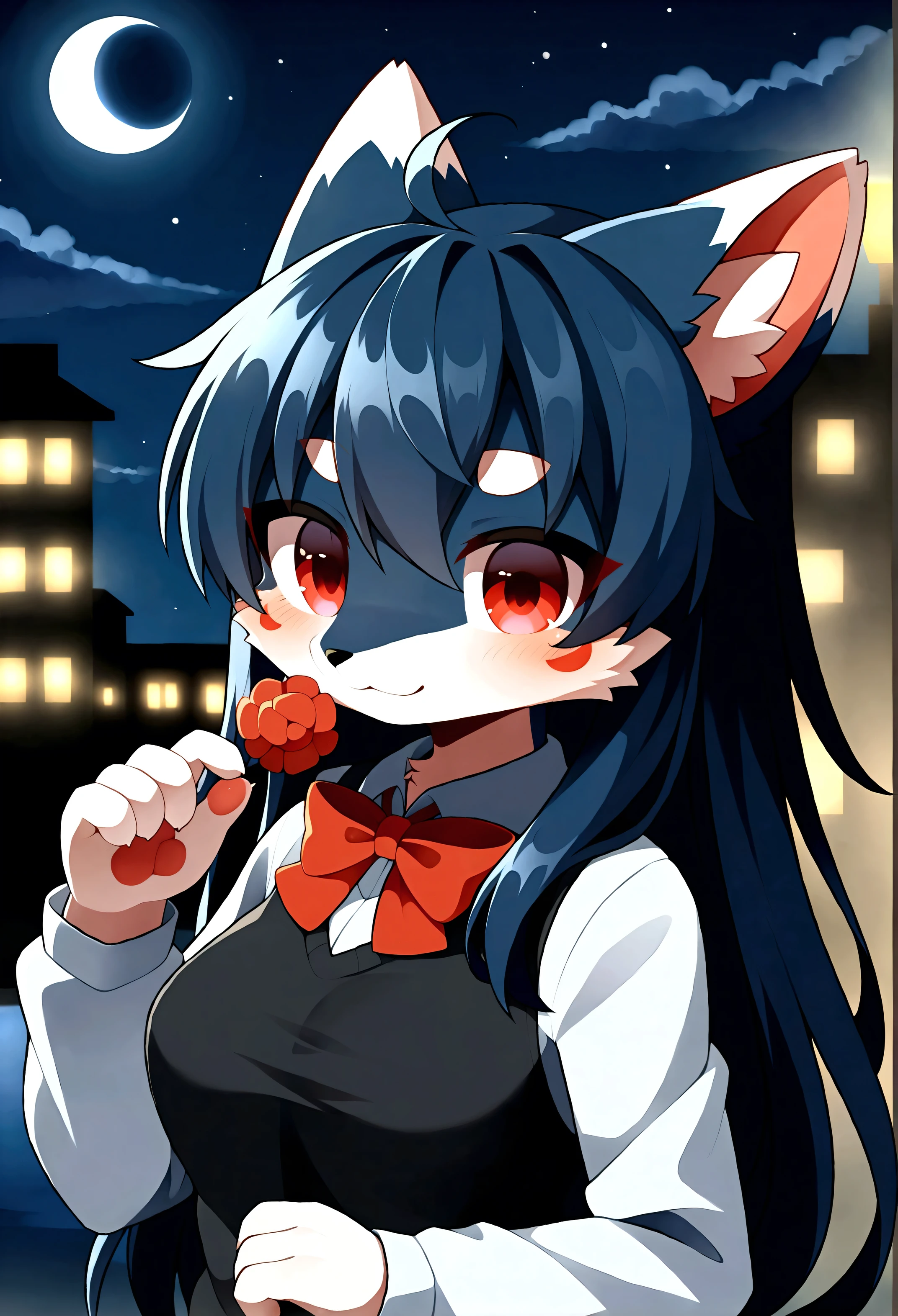 best quality, kemono, anime, female, furry, anthro, full body, solo, fox, two tone body, (masterpiece), beautiful, highly detailed, 8k uhd, intricate details, best quality, HD, 1girl, furry, fluffy, anthro, black face fur with red spots, (cute, adorable face:1.3), {black fur|red fur}, two tone fur, dual tone fur, black sweater, night, blurry night city background, fov, upper body