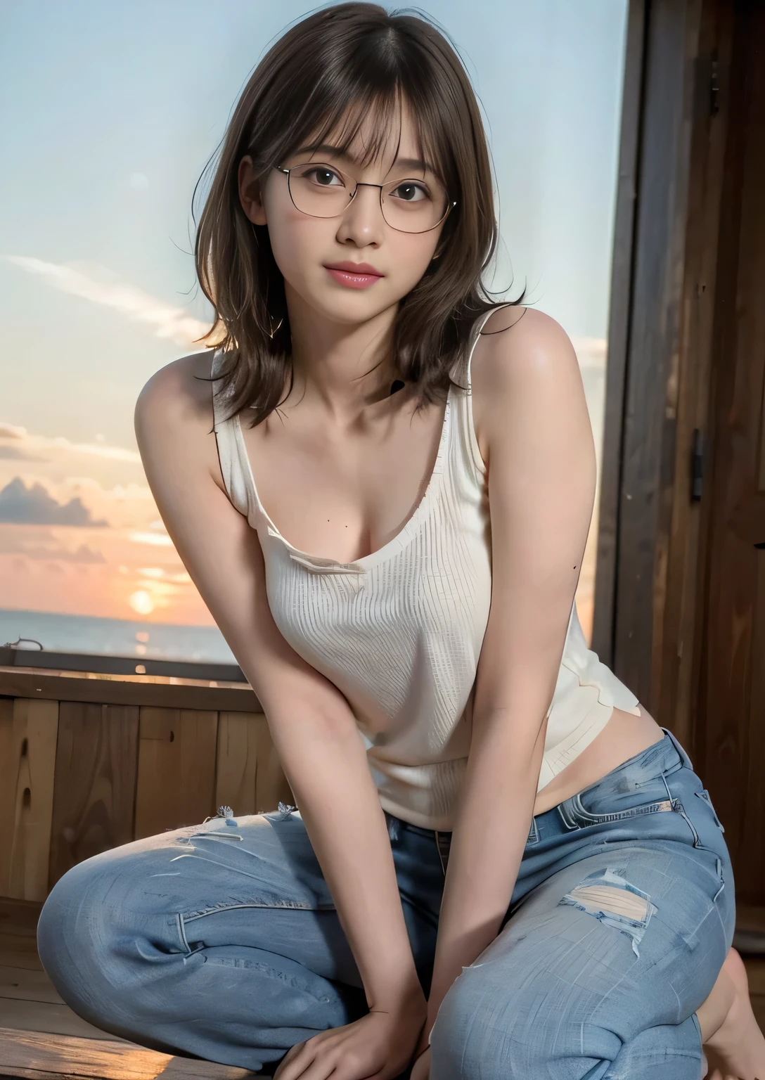 Happy fun、a smile、NSFW、((cammel toe))、top-quality、​masterpiece、超A high resolution、8K、(Photorealsitic:1.4)、Raw photo、女の子1人、brown hair、glue eyes, glasses, glowy skin、Wet body、Dramatic Writing、full body Esbian、female dog、tank top、jeans, Female genitalig、at the sunset