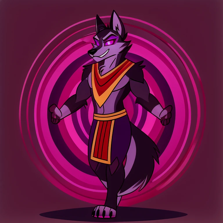 (masterpiece, best quality:1.2), Vortex hellhound, wolf, furry, helluva boss, yellow_tabard, tribal clothes, hypnotized with completely spyral glowing purple eyes with no irises or pupils, walking with arms extended in front like a zombie, full body image, profile picture