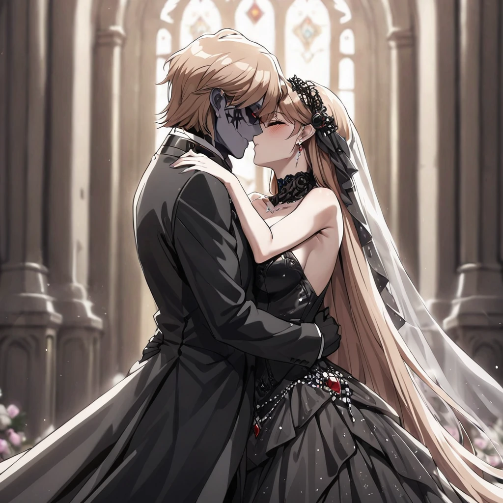 ((Highest quality)), ((masterpiece)), (detailed), (Perfect Face)、The woman is Princess Leona, with long light brown hair, and is wearing a lavishly jeweled, seductive black wedding dress and a black wedding veil, the epitome of an evil bride.、In a luxurious church wedding hall, a woman is getting married to a dignified and powerful middle-aged evil emperor dressed in a luxurious black outfit, embracing each other and kissing their vows.、The woman has long hair
