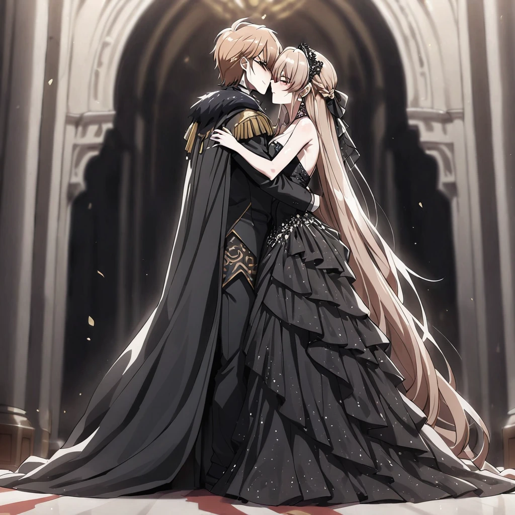 ((Highest quality)), ((masterpiece)), (detailed), （Perfect Face）、The woman is Princess Leona, with long light brown hair, and is wearing a lavishly jeweled, seductive black wedding dress and a black wedding veil, the epitome of an evil bride.、In a luxurious church wedding hall, a woman is getting married to a dignified and powerful middle-aged evil emperor dressed in a luxurious black outfit, embracing each other and kissing their vows.、The woman has long hair