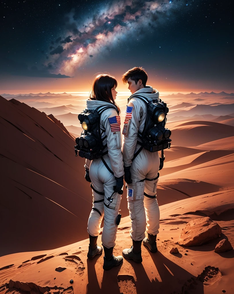 Create a painting of two astronauts standing back-to-back on Mars at night. The environment should be very rocky, with numerous stones scattered around. The Martian terrain is illuminated by the faint light of distant stars and the astronauts' headlamps. The sky is dark and filled with stars, highlighting the reddish hue of Mars' surface.