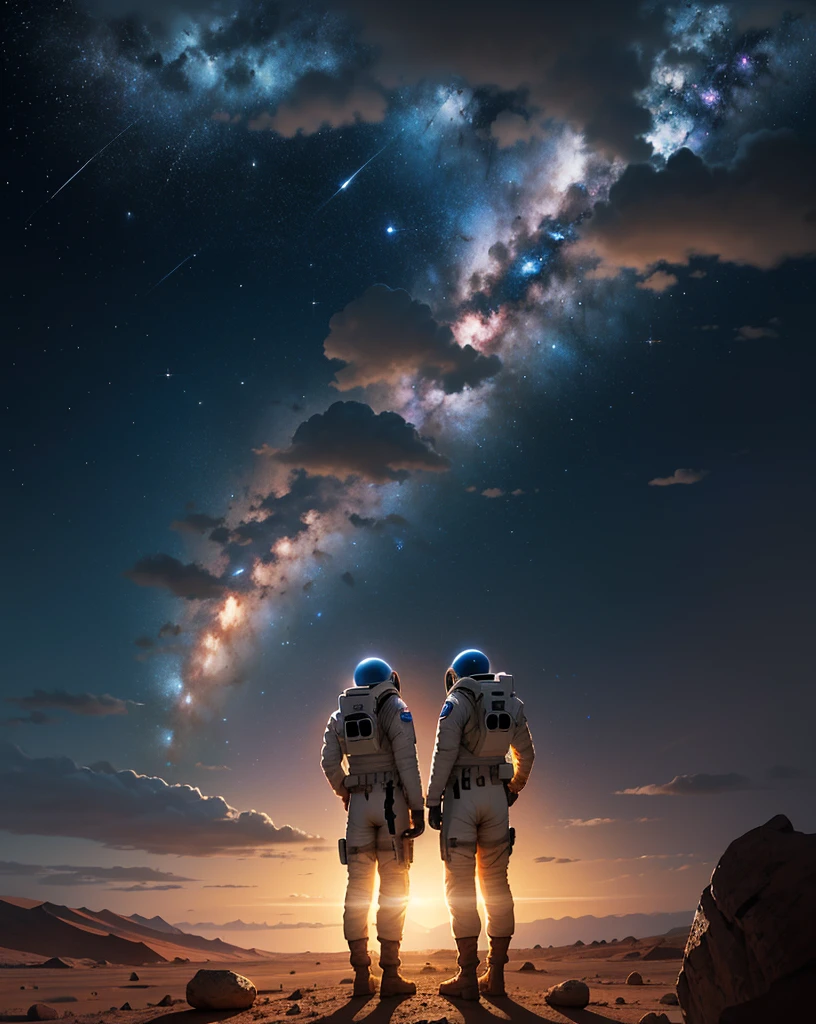Create a painting of two astronauts standing back-to-back on Mars at night. The environment should be very rocky, with numerous stones scattered around. The Martian terrain is illuminated by the faint light of distant stars and the astronauts' headlamps. The sky is dark and filled with stars, highlighting the reddish hue of Mars' surface.